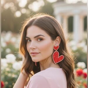 Red Heart Dangle Beaded and Rhinestone Earrings New